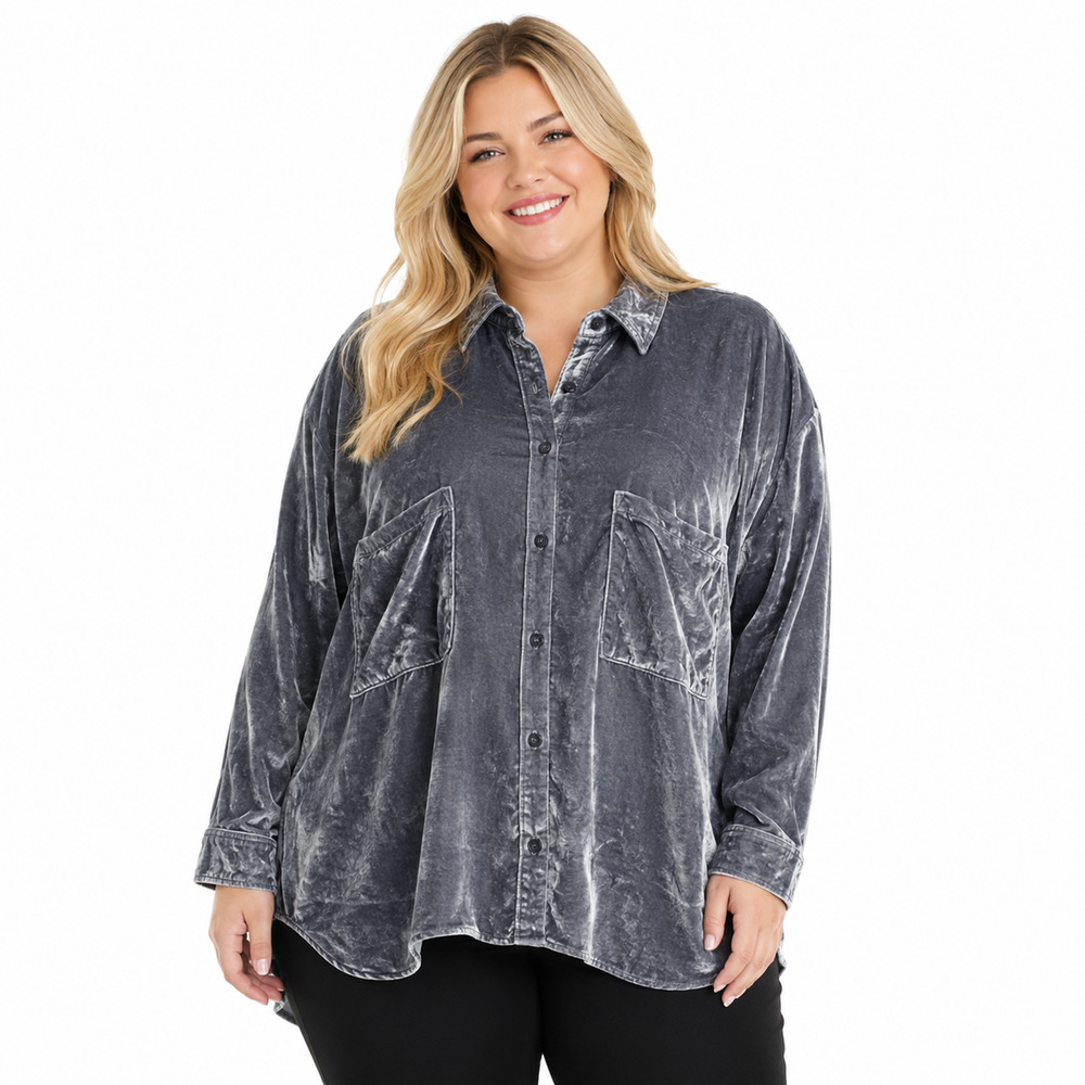 Pilcro Anthropologie Silver Velvet Button Up Long Sleeve Top Shirt Whimsigoth 2X